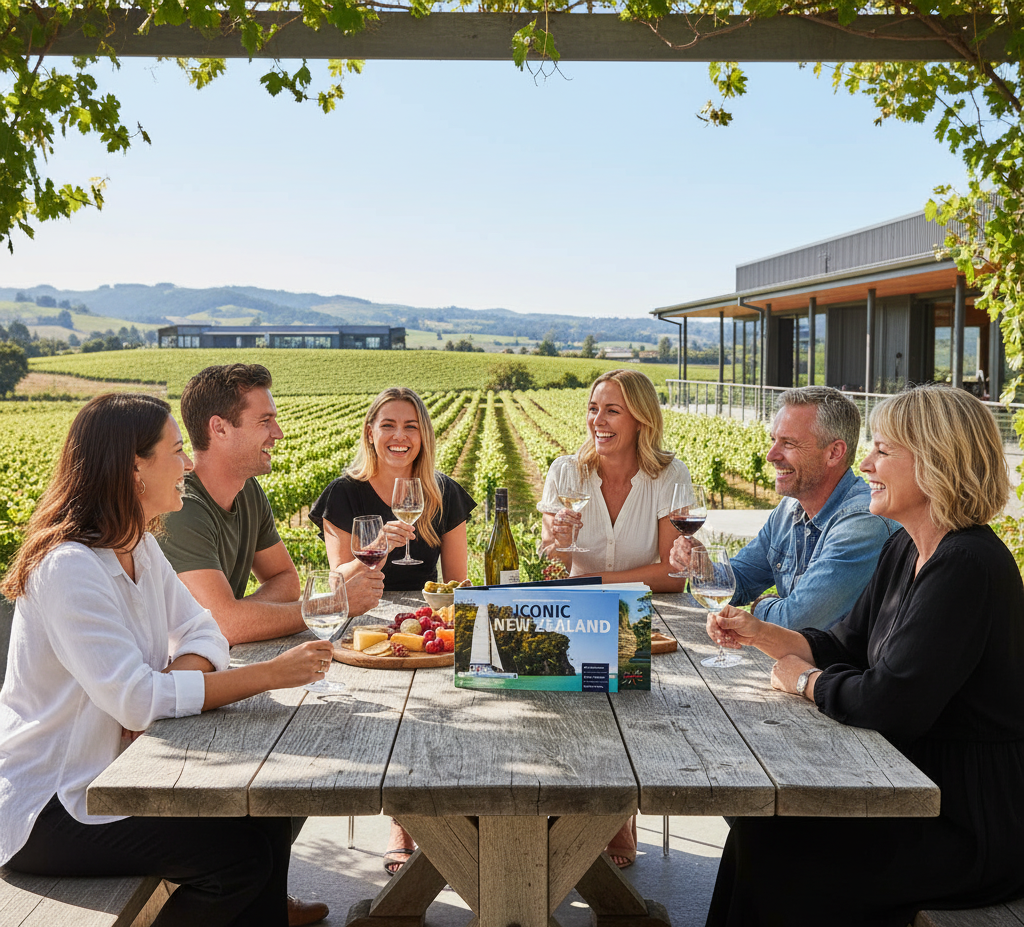 A group enjoying a new zealand winery experience with a chuffed gift
